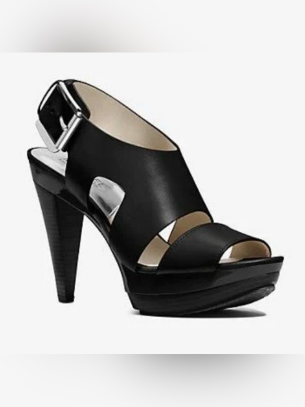 Michael Kors Womens 7 Carla Sandals Black Leather Platform Heel Dress Shoes